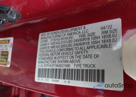 2022 Honda Ridgeline Rtl-E from USA, damaged, VIN 5FPYK3F78NB021990